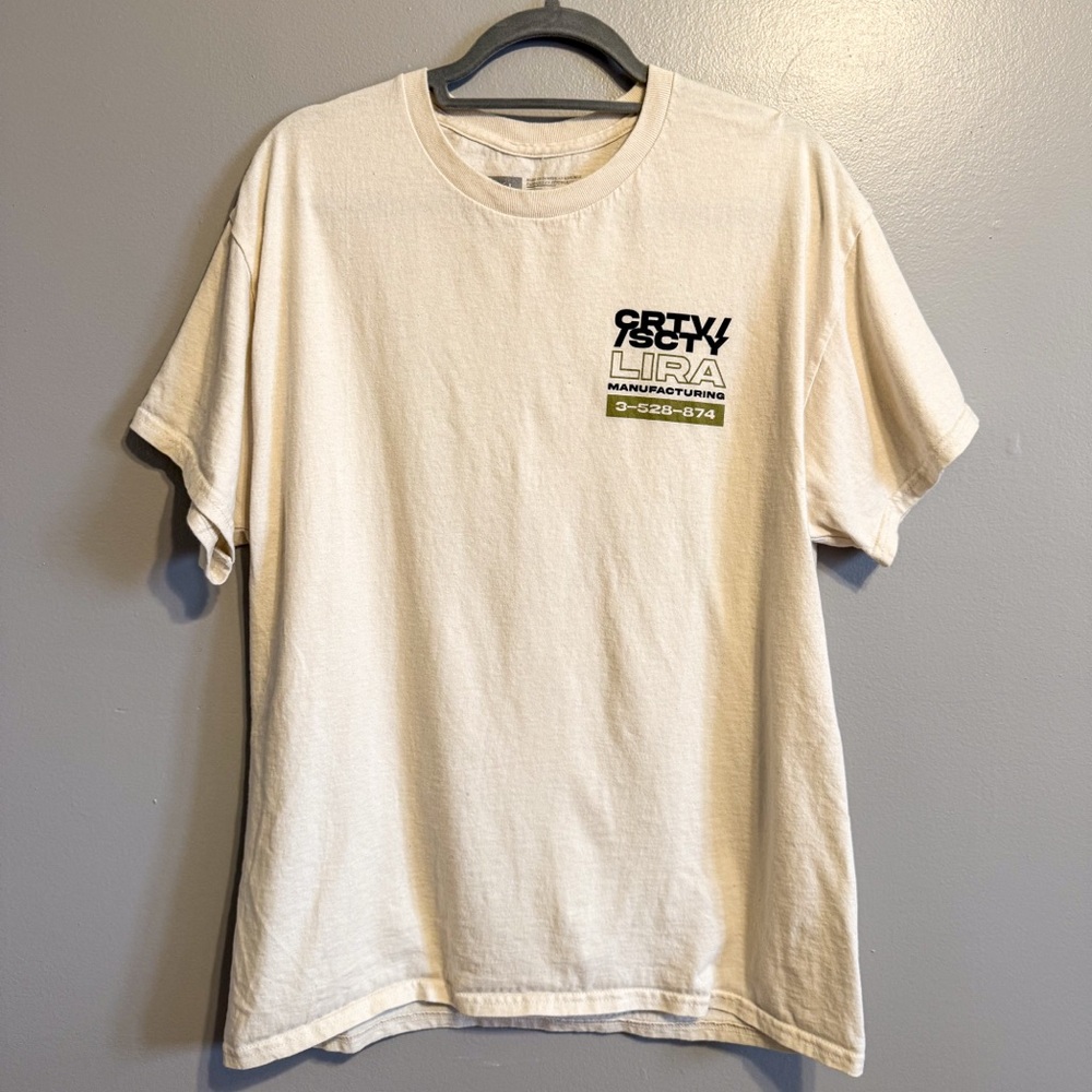 Virtue Graphic Society Lira Manufacturing T Shirt Cream Cotton Tee Size L